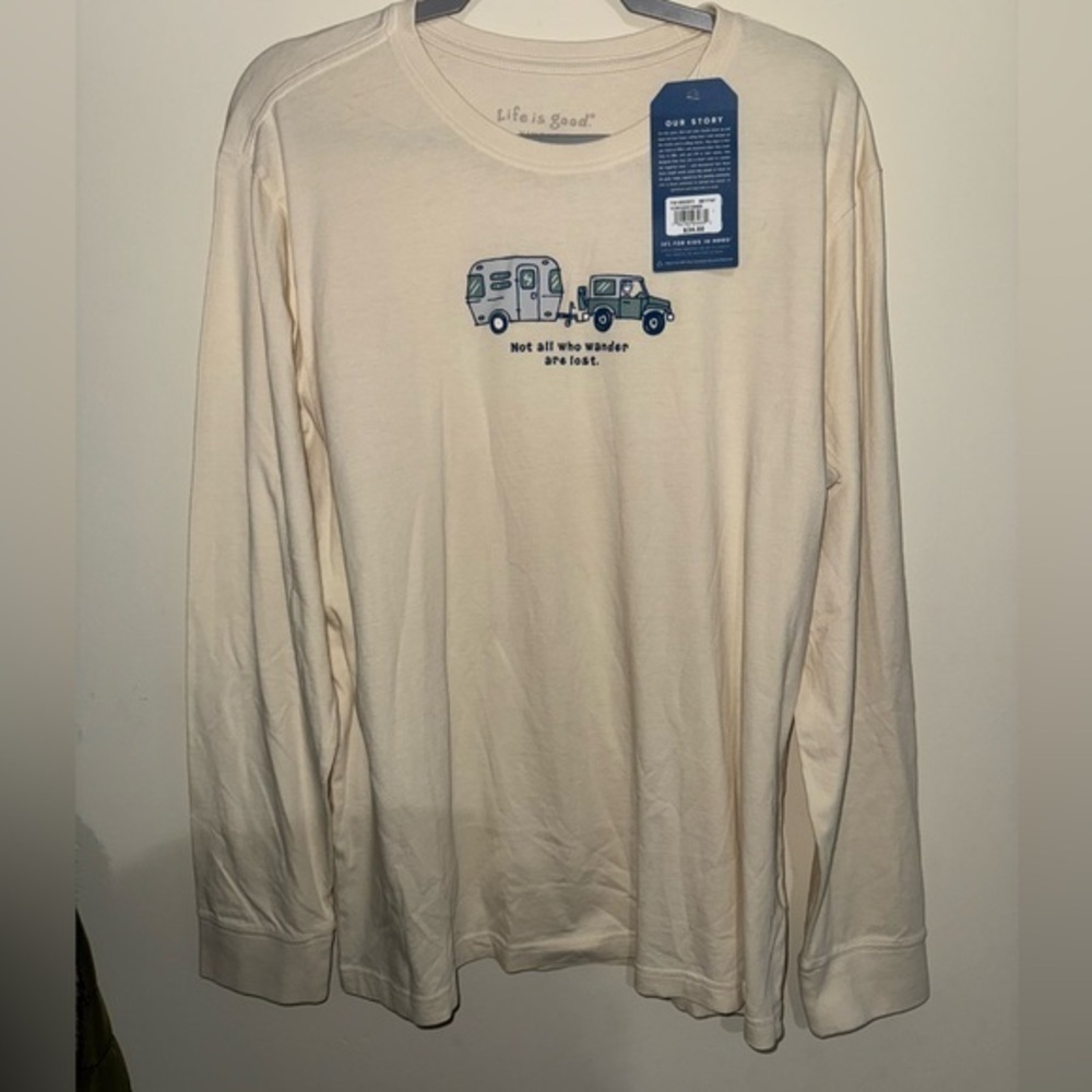 Life Is Good Off-White Long Sleeve Men's Tee with Blue Graphic